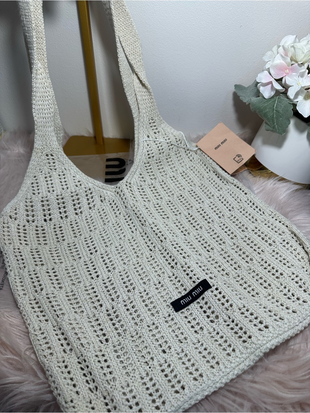 Miu Miu Ivory Crochet Shoulder Tote